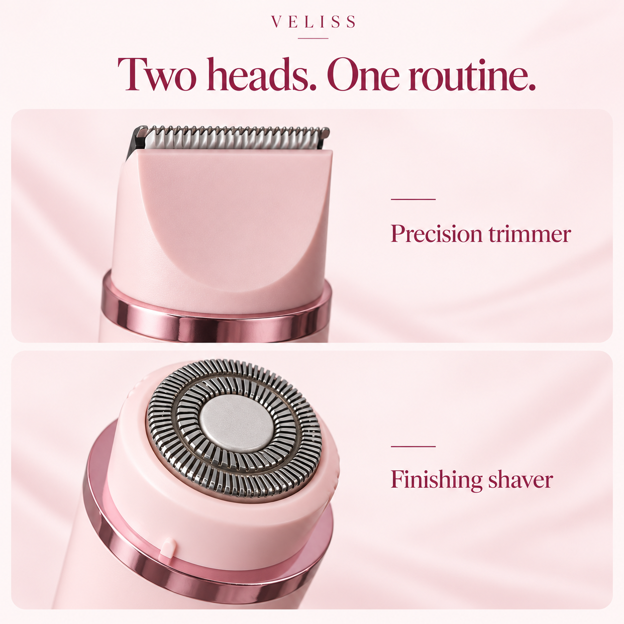 Blush pink V-188 precision trimmer and two-ring circular finishing shaver, based on actual product photographs