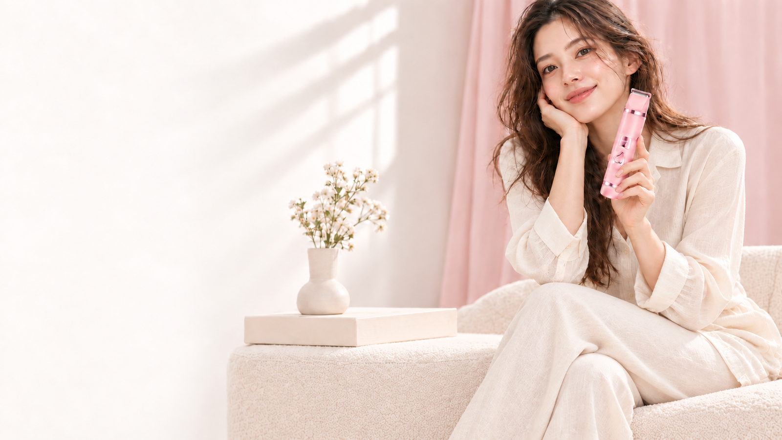 Model holding the pink V-188 in a soft blush setting